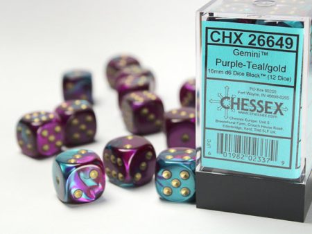 Gemini Purple-Teal gold 16mm d6 Dice Block (12 dice) Fashion