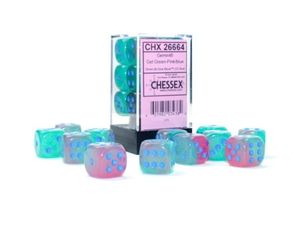 Gemini Gel Green-Pink blue Luminary 16mm d6 Dice Block (12 dice) Cheap