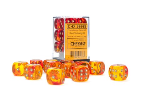 Gemini Translucent Red-Yellow gold 16mm d6 Dice Block (12 dice) Cheap