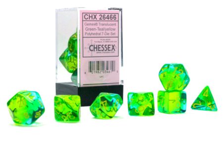 Gemini Translucent Green-Teal yellow Polyhedral 7-Die Set For Sale