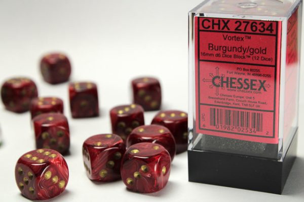 Vortex Burgundy gold 16mm d6 Dice Block (12 dice) Fashion